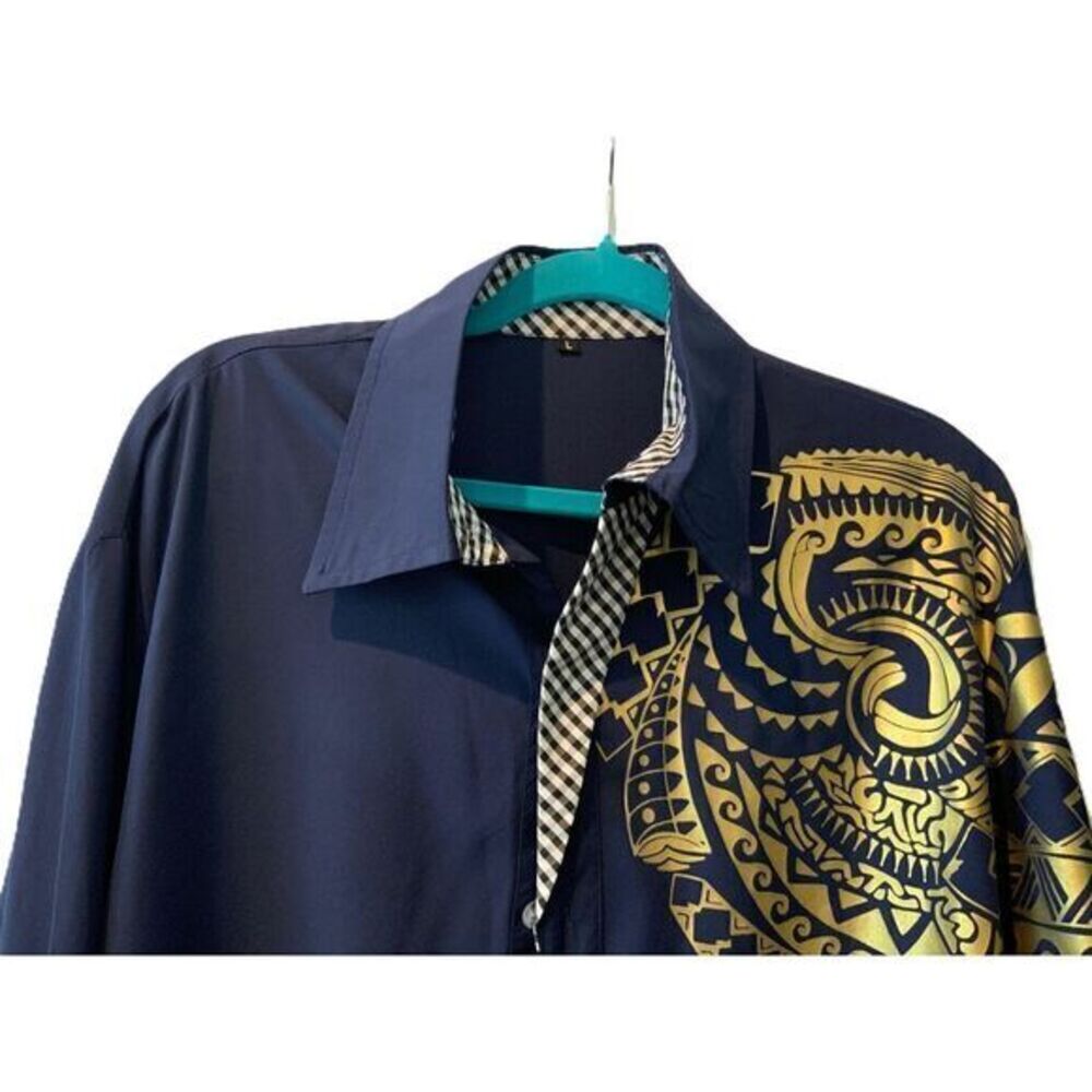 Cesnleoik‎ Blue Golden Print Long Sleeve Button Down Casual Shirt Size Large